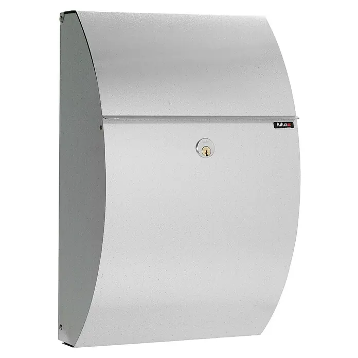 Allux Briefkasten 7000 - L x B x H: 195 x 320 x 510 mm, Silber, Stahl - Ein moderner, silberfarbener Allux Briefkasten mit Schloss und abgerundeter Front. Ideal für stilbewusste Hausbesitzer, die Wert auf Design legen.