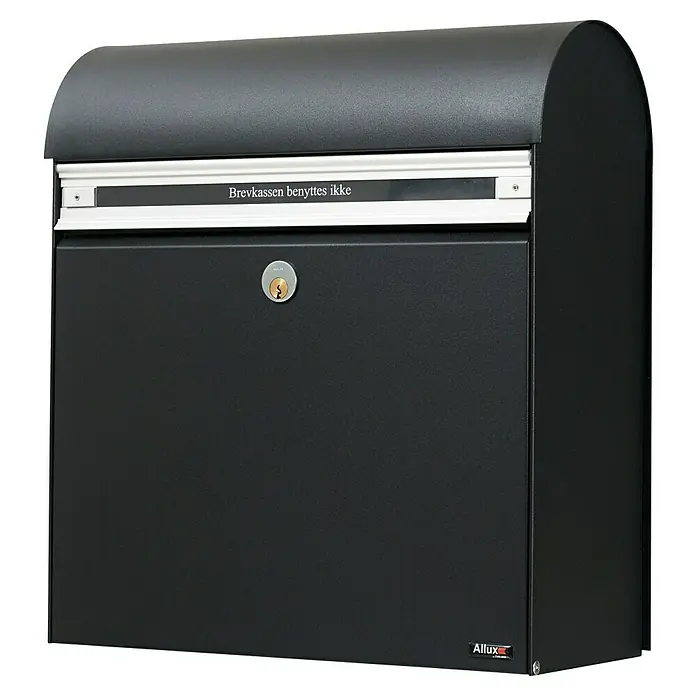 Allux Briefkasten KS200 - L x B x H: 170 x 400 x 445 mm, Schwarz, Stahl, Namensschild - Abbildung eines schwarzen Allux-Briefkastens mit abgerundetem Dach und integriertem Schloss. Der Briefkasten ist modern und sicher gestaltet.