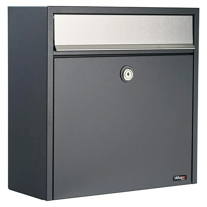 Allux Briefkasten 250 - L x B x H: 150 x 360 x 360 mm, Anthrazit, Stahl - Das Bild zeigt einen grauen Allux Briefkasten mit einem silbernen Briefeinwurf. Der Briefkasten ist sicher und stilvoll.