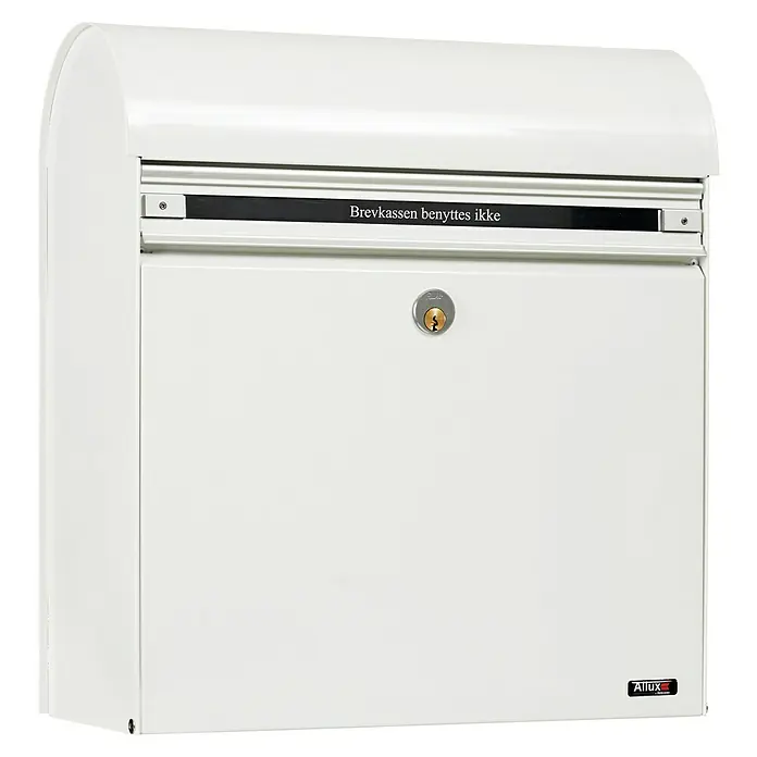 Allux Briefkasten KS200 - L x B x H: 170 x 400 x 445 mm, Weiß, Stahl, Namensschild - Nahaufnahme eines weißen Allux Briefkastens mit Schloss und einer Aufschrift, die besagt, dass er nicht benutzt wird.