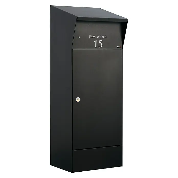 Allux Paketbox Björn mit LED - L x B x H: 365 x 400 x 1.100 mm, Schwarz, Stahl, Paketfach - Elegantes, modernes Briefkastensystem in Anthrazitgrau mit Namensschild und Hausnummer. Robust und stilvoll für jeden Eingangsbereich.