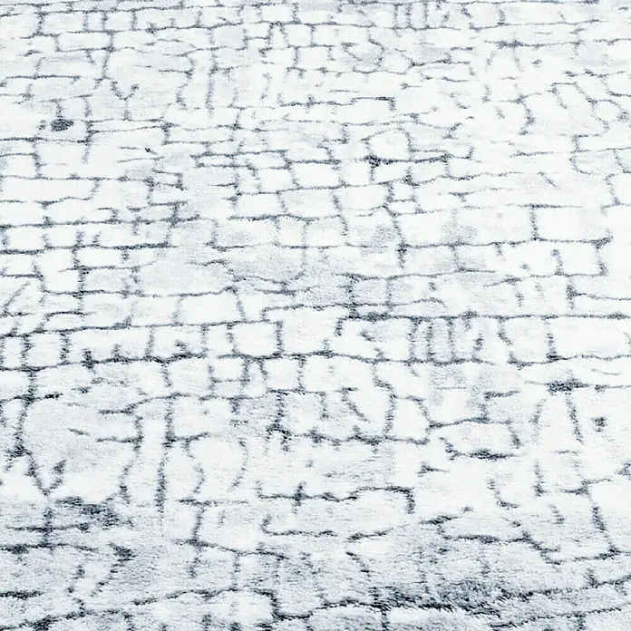 Teppichläufer Aqua - Grau, 350 x 80 cm, 100 % Polyamid - Ein Teppich mit einem abstrakten Muster, das an eine Ziegelmauer erinnert, in Weiß- und Grautönen.