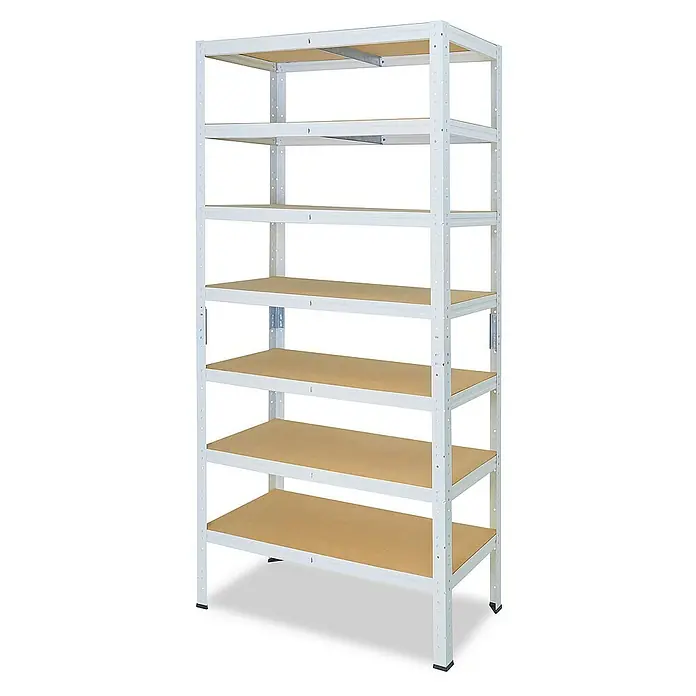 shelfplaza Schwerlastregal HOME - H x B x T: 200 x 70 x 40 cm, Traglast pro Boden: 175 kg, Stecken, weiß - Abbildung eines Metallregals mit sechs Regalböden zur Aufbewahrung von Gegenständen in Lager und Werkstatt.