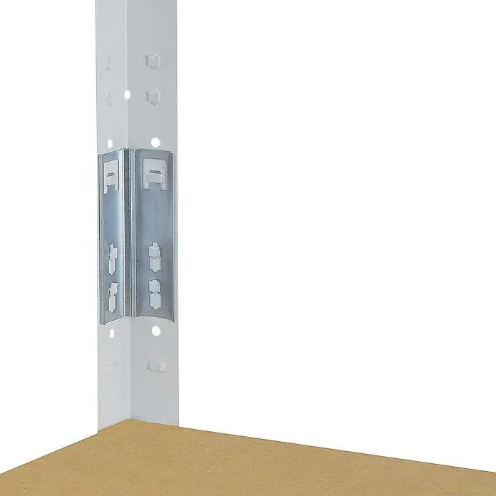 shelfplaza Schwerlastregal HOME - H x B x T: 200 x 70 x 40 cm, Traglast pro Boden: 175 kg, Stecken, weiß - Detailansicht eines robusten Lagerregals mit Metallstützen und einer stabilen Holzablage für eine zuverlässige Aufbewahrungslösung.