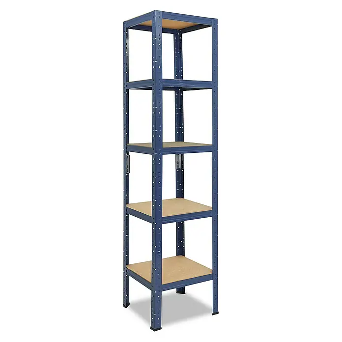 shelfplaza Schwerlastregal HOME - H x B x T: 180 x 45 x 45 cm, Traglast pro Boden: 175 kg, Stecken, blau - Das Bild zeigt ein blaues Metallregal mit fünf Holzregalböden. Das Regal ist hoch und schmal, geeignet für Lagerung.