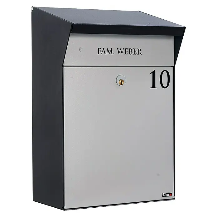 Allux Standbriefkasten BjÃ¶rn Mailbox - L x B x H: 235 x 345 x 525 mm, Grau / Schwarz, Stahl - Der Allux Briefkasten mit der Aufschrift "FAM. WEBER" und der Hausnummer 10 ist eine stilvolle und sichere Option für den Empfang Ihrer Post.