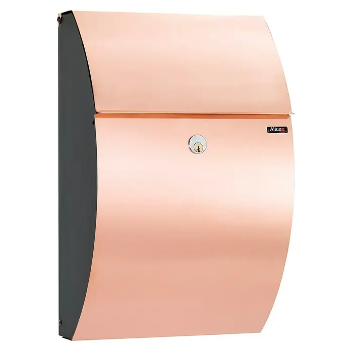Allux Briefkasten 7000 - L x B x H: 195 x 320 x 510 mm, Kupfer / Schwarz, Stahl - Ein detailreiches Bild eines modernen Allux Briefkastens in Kupfer, ideal für stilvolle Hauseingänge und sicheren Postempfang.