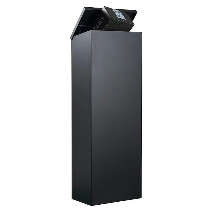 Allux Paketbox 600 - L x B x H: 230 x 380 x 1.050 mm, Schwarz, Stahl, Paketfach - Eine moderne, schwarze Paketbox mit einem offenen Deckel, die eine sichere Zustellung von Paketen gewährleistet und Diebstahl verhindert.