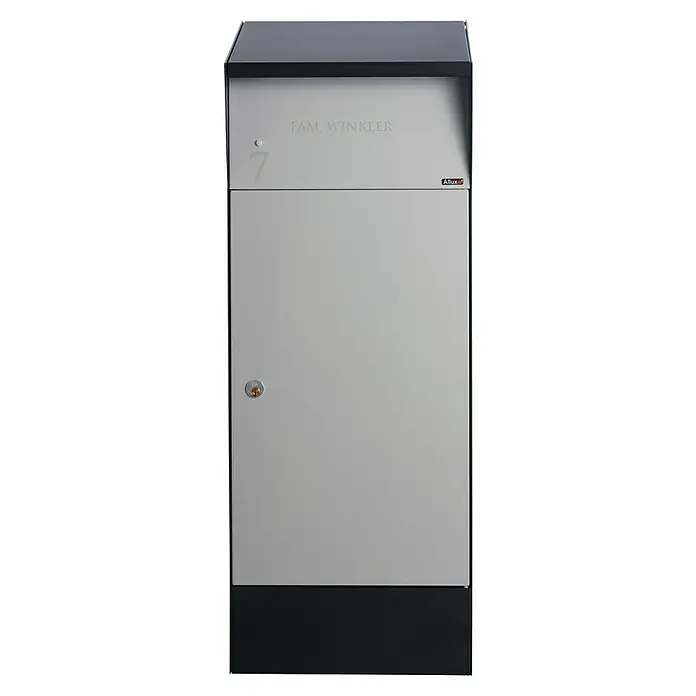 Allux Paketbox Björn mit LED - L x B x H: 365 x 400 x 1.100 mm, Schwarz / Grau, Stahl, Paketfach - Ein moderner Allux Briefkasten in Silber mit schwarzem Akzent, ideal für stilvolle Hauseingänge und sichere Postzustellung.
