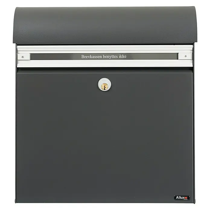 Allux Briefkasten KS200 - L x B x H: 170 x 400 x 445 mm, Anthrazit, Stahl, Namensschild - Dunkelgrauer Allux Briefkasten mit Schloss und einem Schild mit der Aufschrift „Brevkassen benyttes ikke“. Solider Briefkasten für den Außenbereich.