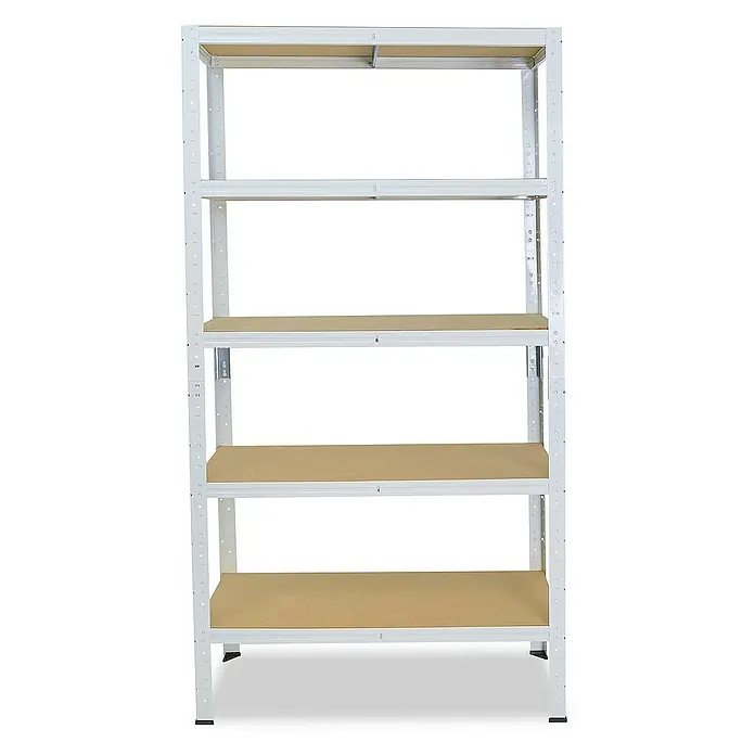shelfplaza Schwerlastregal HOME - H x B x T: 230 x 60 x 50 cm, Traglast pro Boden: 175 kg, Stecken, weiß - Ein graues Metallregal mit fünf Holzregalböden, ideal für die Lagerung in Werkstätten oder Garagen. Stabile Konstruktion für hohe Traglasten.