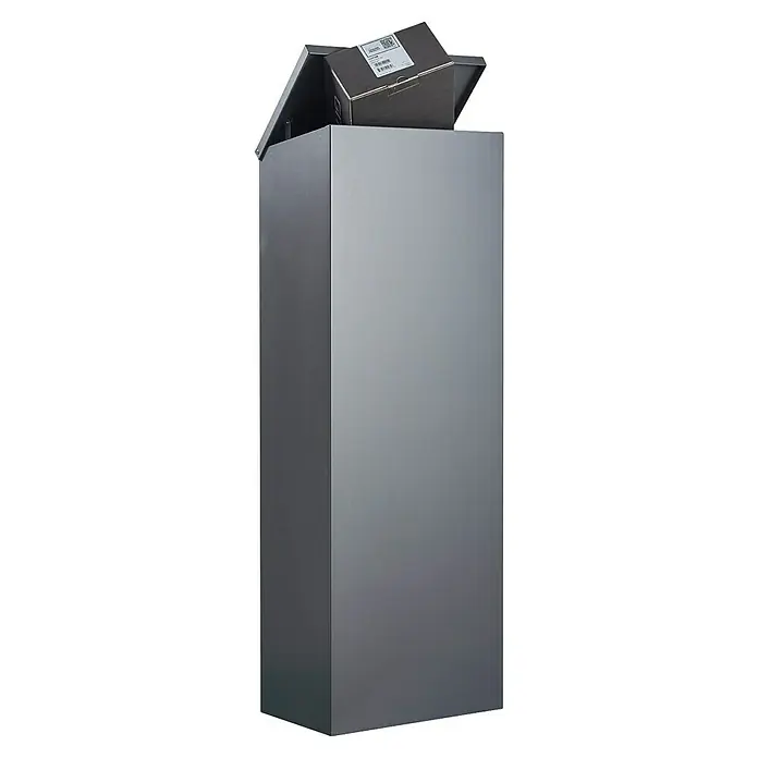 Allux Paketbox 600 - L x B x H: 230 x 380 x 1.050 mm, Anthrazit, Stahl, Paketfach - Eine graue Paketbox mit einem Paket darin, die eine sichere Zustellung von Sendungen gewährleistet und vor Diebstahl schützt.