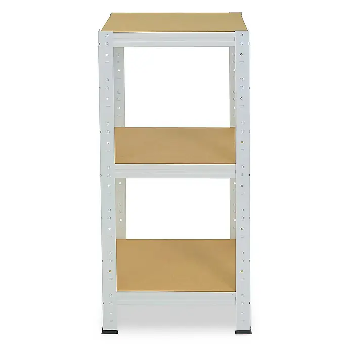 shelfplaza Schwerlastregal HOME - H x B x T: 100 x 40 x 40 cm, Traglast pro Boden: 175 kg, Stecken, weiß - Das Bild zeigt ein weißes Regal mit drei Regalböden aus hellem Holz, ideal zur Aufbewahrung. Praktisch und stabil für vielseitige Einsatzbereiche.