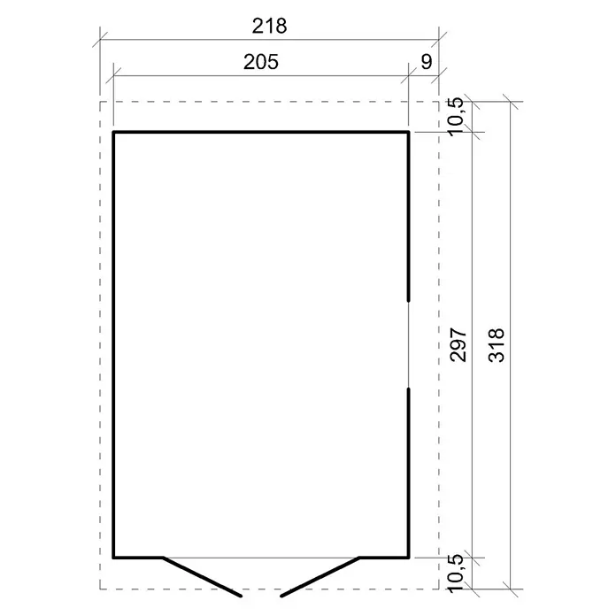 Timbela Gerätehaus M339A - Außenmaß inkl. Dachüberstand (B x T): 218 x 318 cm, Holz, Natur, Ohne Fußboden - Grundrisszeichnung eines rechteckigen Gartenhauses mit schrägen Wänden und Maßangaben für Planung & Bau.