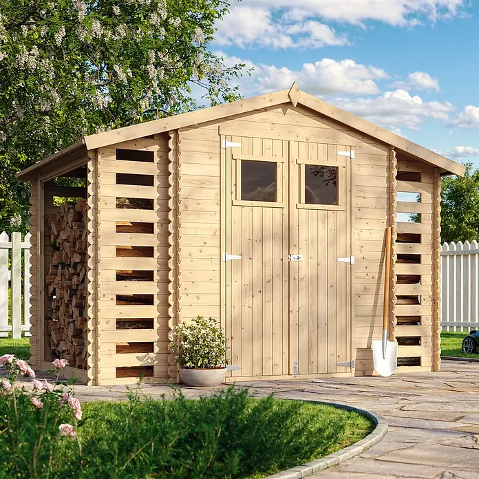 Timbela Gerätehaus M391 - Außenmaß inkl. Dachüberstand (B x T): 328 x 206 cm, Holz, Natur, Ohne Fußboden - Geräumiges Gartenhaus aus Holz mit Holzlager, ideal für die Aufbewahrung von Gartengeräten und Brennholz.