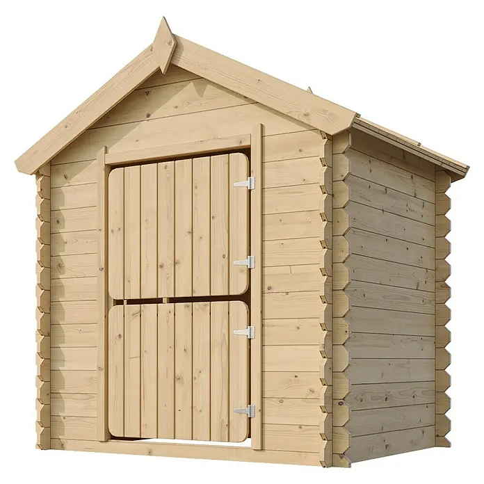 Timbela Spielhaus - L x B x H: 112 x 146 x 143 cm, Holz, Natur - Nahaufnahme eines hellen Holzschuppens mit einer zweigeteilten Tür und einem spitz zulaufenden Dach. Der Holzschuppen ist aus naturbelassenem Holz gefertigt.