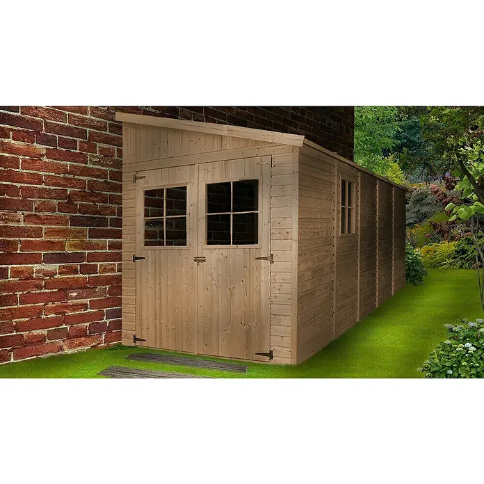 Timbela Gerätehaus M341 - Außenmaß inkl. Dachüberstand (B x T): 216 x 513 cm, Holz, Natur, Ohne Fußboden - Ein geräumiges Holzgartenhaus mit Doppeltür und Fenstern, ideal zur Aufbewahrung von Gartengeräten und -möbeln im Freien.