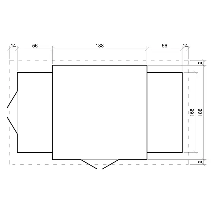 Timbela Gerätehaus M389F - Außenmaß inkl. Dachüberstand (B x T): 328 x 206 cm, Holz, Natur, Ohne Fußboden - Grundrisszeichnung eines Hauses, die die Abmessungen und die Form der Räume zeigt. Die Baupläne sind präzise und detailliert dargestellt.