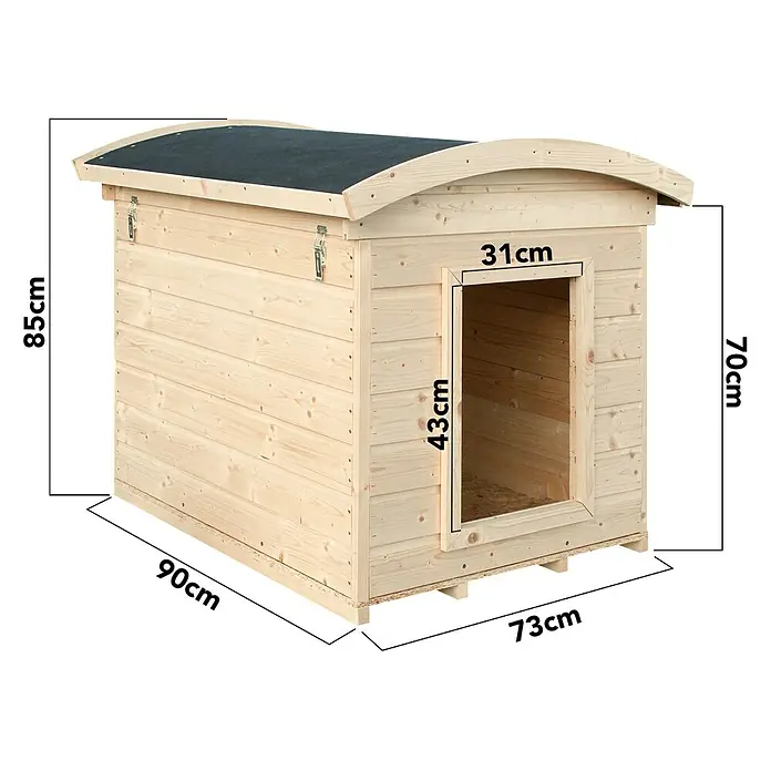 Timbela Hundehütte M405-1 - 90 x 73 x 85 cm, Holz, Natur - Bild einer Hundehütte aus Holz mit den Maßen 85x90x73 cm und einer Türöffnung von 43x31 cm, ideal für den Außenbereich.