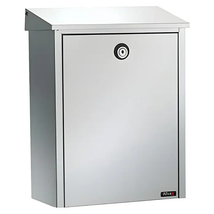 Allux Briefkasten 200 - L x B x H: 140 x 280 x 390 mm, Silber, Stahl - Bild eines modernen, abschließbaren Briefkastens aus Edelstahl. Ideal für sichere Postzustellung.