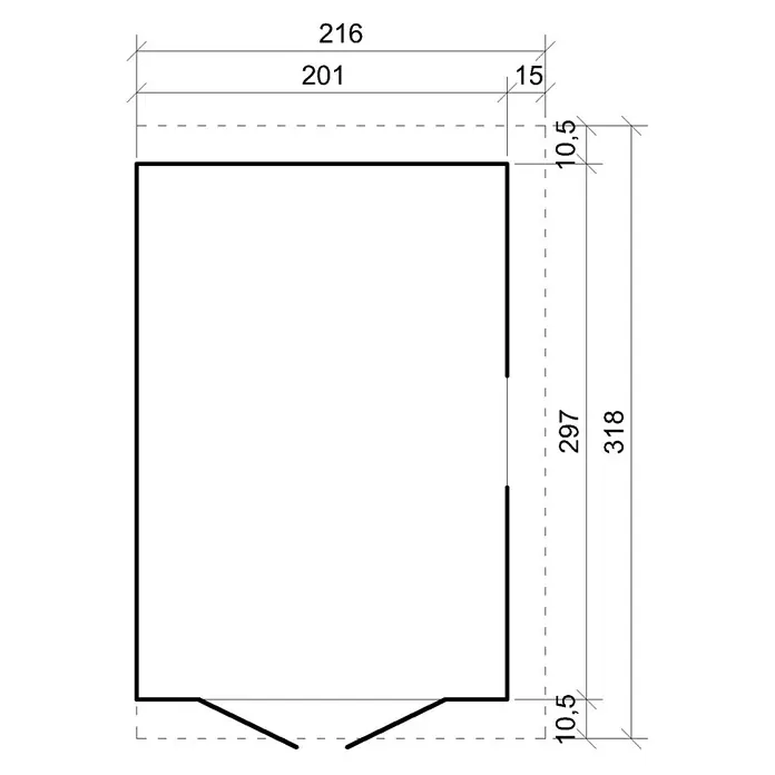Timbela Gerätehaus M339+M339G - Außenmaß inkl. Dachüberstand (B x T): 216 x 318 cm, Holz, Natur, Mit Fußboden - Schematische Darstellung eines Gerätehauses mit Maßangaben, die die Abmessungen und räumliche Anordnung verdeutlichen.