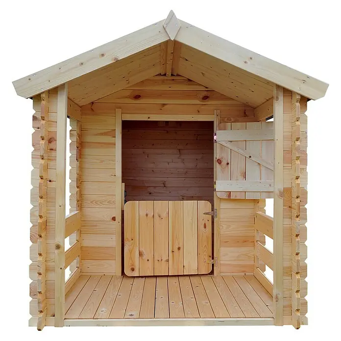 Timbela Spielhaus M501 - L x B x H: 182 x 146 x 145 cm, Holz, Natur - Ein helles Holzspielhaus mit Satteldach und zweigeteilter Tür steht im Garten und lädt zum Spielen ein.