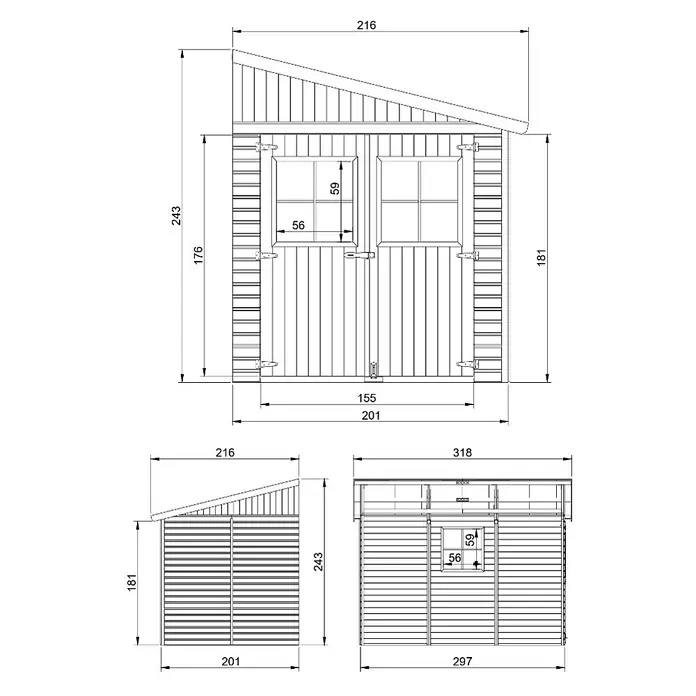 Timbela Gerätehaus M339+M339G - Außenmaß inkl. Dachüberstand (B x T): 216 x 318 cm, Holz, Natur, Mit Fußboden - Detaillierte Bauzeichnung eines Gerätehauses mit Maßangaben zu Höhe, Breite und Dachtiefe für eine präzise Planung.