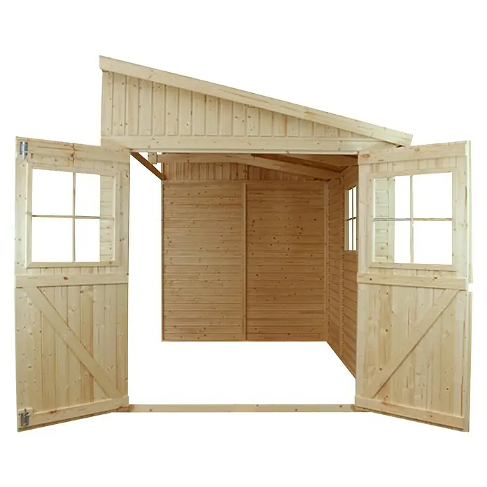 Timbela Gerätehaus M340 - Außenmaß inkl. Dachüberstand (B x T): 216 x 416 cm, Holz, Natur, Ohne Fußboden - Offener Holzschuppen mit Fenster in den Türen. Dieser Schuppen bietet viel Stauraum und ist perfekt für jeden Garten.