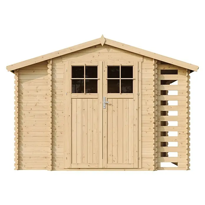 Timbela Gerätehaus M389F - Außenmaß inkl. Dachüberstand (B x T): 328 x 206 cm, Holz, Natur, Ohne Fußboden - Nahaufnahme eines Holzschuppens mit Doppeltür und Fenster, der im Freien steht.