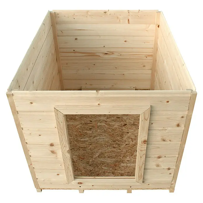 Timbela Hundehütte M405-1 - 90 x 73 x 85 cm, Holz, Natur - Ansicht von oben auf einen hellen Holz-Hundezwinger mit einer Öffnung, die mit einer Holzplatte bedeckt ist.