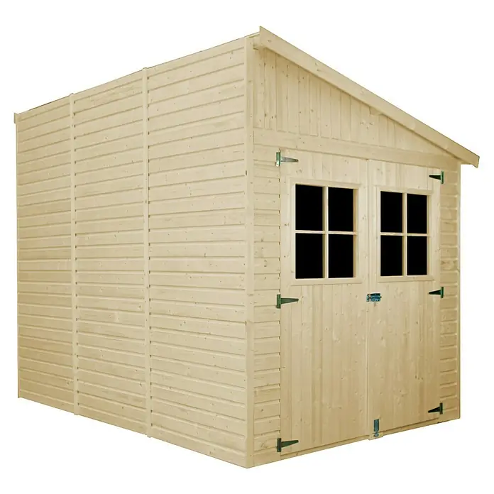 Timbela Gerätehaus M339A - Außenmaß inkl. Dachüberstand (B x T): 218 x 318 cm, Holz, Natur, Ohne Fußboden - Ein geräumiges Holzgartenhaus mit Doppeltür und Fenstern. Ideal für die Lagerung von Gartengeräten und Werkzeugen.