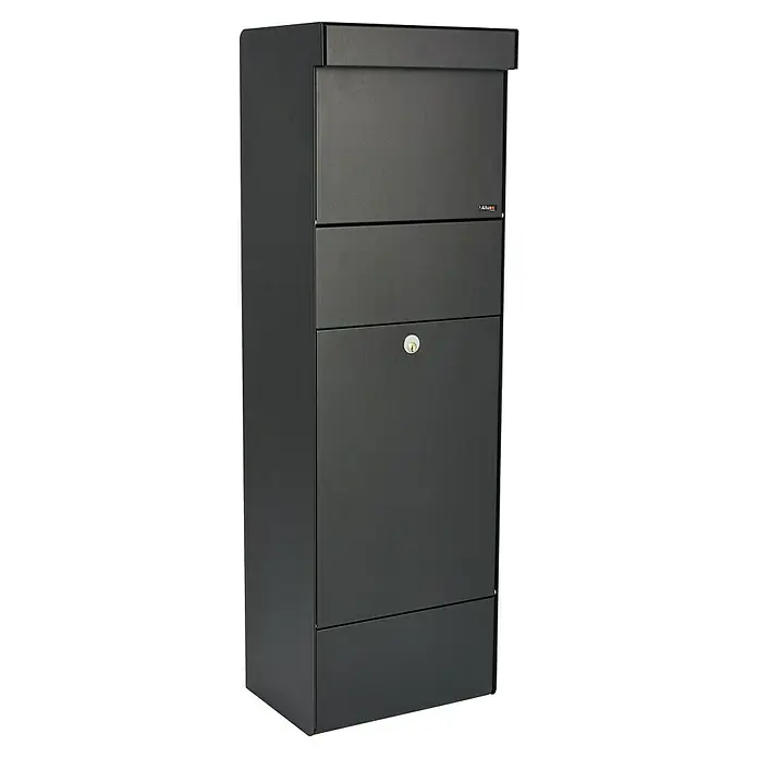 Allux Paketbox Grundform - L x B x H: 28 x 345 x 110 mm, Schwarz, Stahl, Paketfach - Eine moderne, anthrazitfarbene Allux Paketbox mit Schloss und separatem Postfach, ideal für den sicheren Empfang von Sendungen.