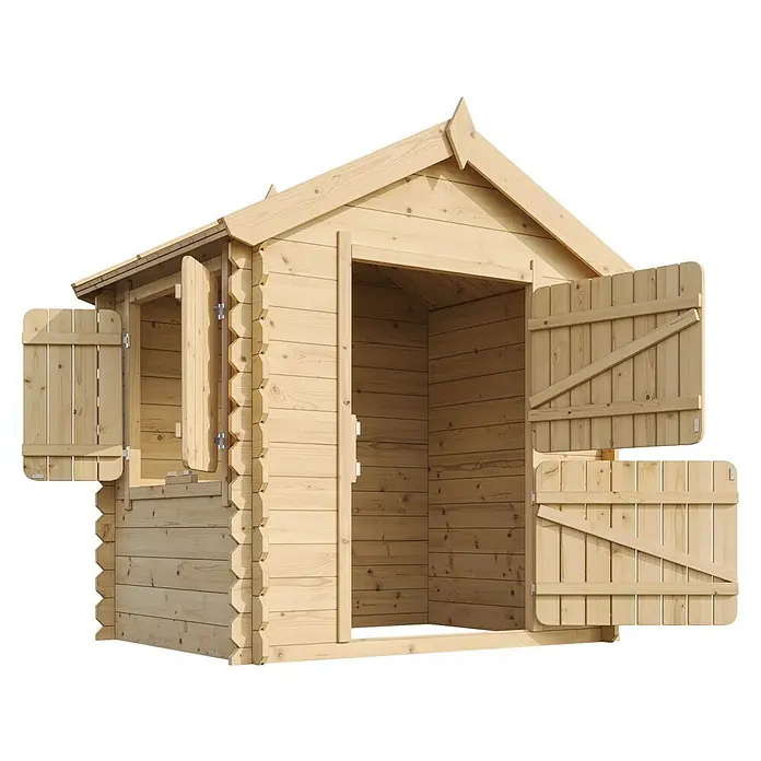 Timbela Spielhaus - L x B x H: 112 x 146 x 143 cm, Holz, Natur - Hölzernes Kinderspielhaus mit Fensterläden und einer offenen Doppeltür. Das Haus ist aus hellem Holz gefertigt.