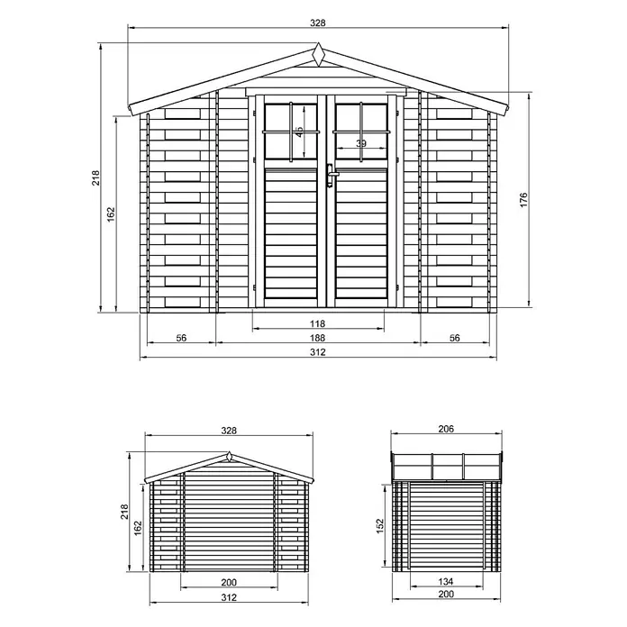 Timbela Gerätehaus M391F - 328 x 206 cm, Holz, Natur, Ohne Fußboden - Technische Zeichnung eines Gartenhauses mit Abmessungen für Planung und Aufbau.