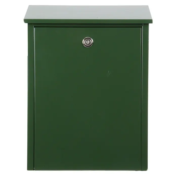 Allux Briefkasten 200 - L x B x H: 140 x 280 x 390 mm, Grün, Stahl - Ein grüner Briefkasten mit grauem Deckel und einem Schloss in der Mitte. Ideal für sichere Postzustellung.