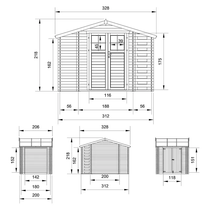 Timbela Gerätehaus M389F - Außenmaß inkl. Dachüberstand (B x T): 328 x 206 cm, Holz, Natur, Ohne Fußboden - Technische Zeichnung eines Gartenhauses mit Maßangaben zu Höhe, Breite und Tiefe.