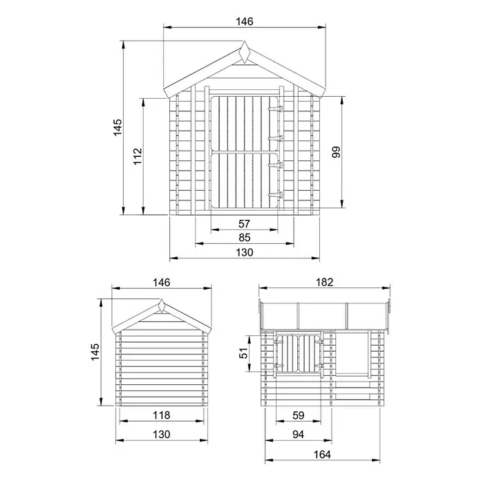 Timbela Spielhaus M501 - L x B x H: 182 x 146 x 145 cm, Holz, Natur - Eine technische Zeichnung eines Gerätehauses mit allen Maßangaben, um es einfach nachzubauen.