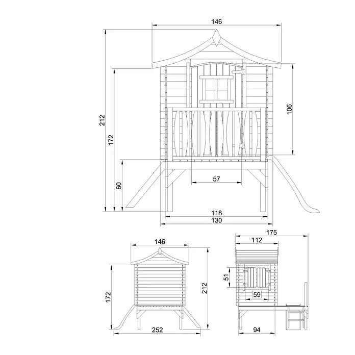 Timbela Spielhaus - L x B x H: 112 x 146 x 212 cm, Holz, Natur - Detaillierte Zeichnung des Spielhauses mit allen Maßangaben für den Aufbau, inklusive Rutsche und kleinem Tisch mit Stuhl.