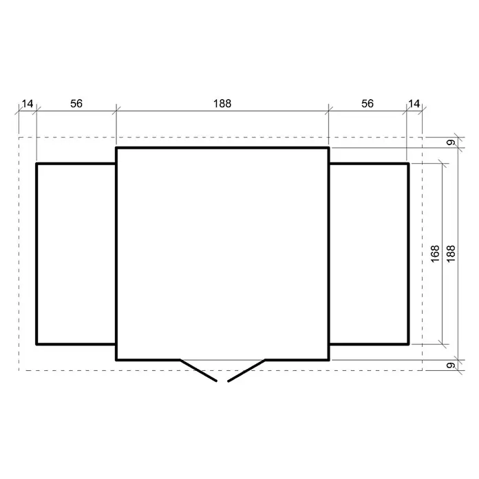 Timbela Gerätehaus M391F - 328 x 206 cm, Holz, Natur, Ohne Fußboden - Draufsicht eines Architekturplans mit Bemaßungen, der die Raumaufteilung und Abmessungen des Gebäudes zeigt.