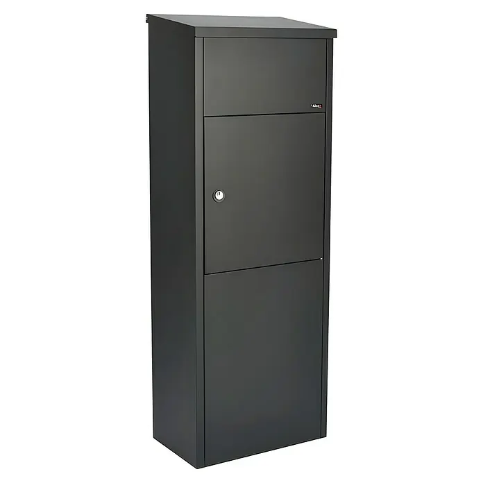 Allux Paketbox 600 - L x B x H: 230 x 380 x 1.050 mm, Schwarz, Stahl, Paketfach, Zylinderschloss - Bild eines anthrazitfarbenen Briefkastens mit drei Fächern und einem kleinen Schloss, ideal für Post und kleine Pakete.