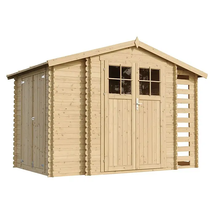 Timbela Gerätehaus M389F - Außenmaß inkl. Dachüberstand (B x T): 328 x 206 cm, Holz, Natur, Ohne Fußboden - Ein geräumiges Gartenhaus aus Holz mit Doppeltür und Fenstern für die Aufbewahrung von Gartengeräten und Werkzeugen.
