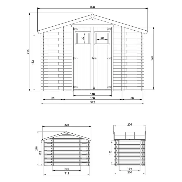Timbela Gerätehaus M391 - Außenmaß inkl. Dachüberstand (B x T): 328 x 206 cm, Holz, Natur, Ohne Fußboden - Technische Zeichnung eines Gartenhauses mit Maßen, Ansichten von vorne, Seite und Rückseite.