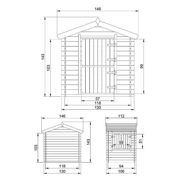 Timbela Spielhaus - L x B x H: 112 x 146 x 143 cm, Holz, Natur - Technische Zeichnung eines Gerätehauses mit Maßangaben zu Höhe, Breite und Tiefe.