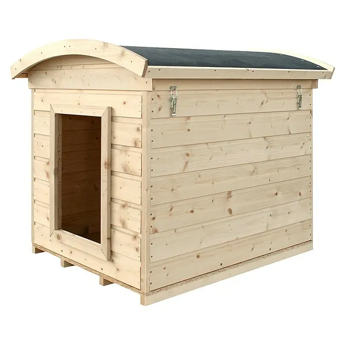 Timbela Hundehütte M405-1 - 90 x 73 x 85 cm, Holz, Natur - Abbildung eines hölzernen Hundehütte mit schwarzem Dach, die einen sicheren und gemütlichen Platz für Haustiere bietet.\n