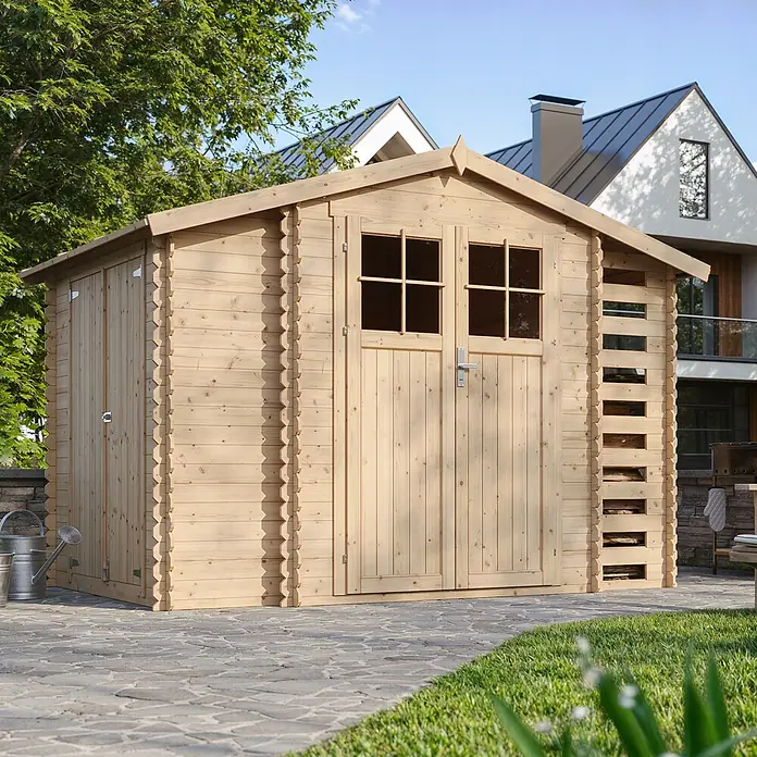 Timbela Gerätehaus M389F - Außenmaß inkl. Dachüberstand (B x T): 328 x 206 cm, Holz, Natur, Ohne Fußboden - Das hölzerne Gartenhaus bietet viel Stauraum für Gartengeräte und Zubehör. Natürliches Design fügt sich nahtlos in jeden Garten ein.