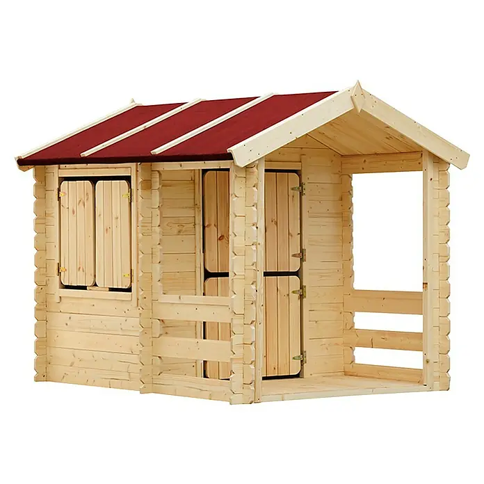 Timbela Spielhaus M501 - L x B x H: 182 x 146 x 145 cm, Holz, Natur - Ein helles Holzspielhaus mit rotem Dach und Fensterläden. Es bietet einen sicheren und lustigen Spielbereich im Freien für Kinder.