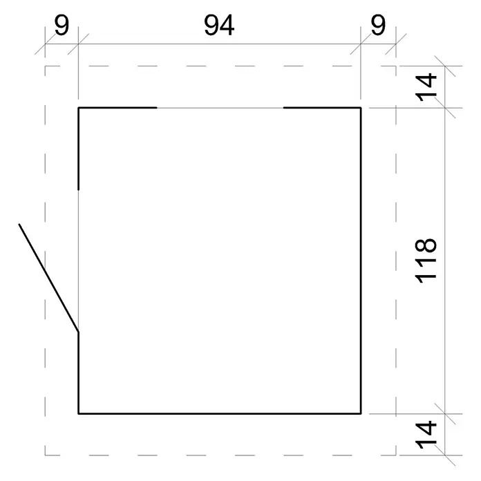 Timbela Spielhaus M516 - L x B x H: 112 x 146 x 145 cm, Holz, Natur - Detaillierte technische Zeichnung eines rechteckigen Objekts mit präzisen Maßangaben für Bau oder Konstruktion.
