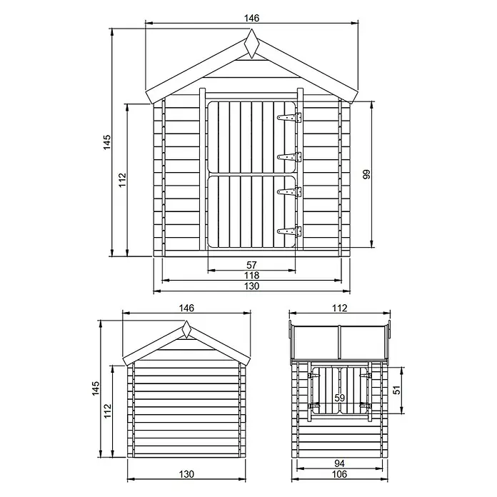 Timbela Spielhaus M516 - L x B x H: 112 x 146 x 145 cm, Holz, Natur - Technische Zeichnung eines Gartenhauses mit Maßangaben zu Höhe, Breite und Tiefe für detaillierte Bauplanung.