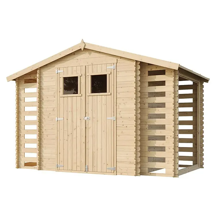 Timbela Gerätehaus M391 - Außenmaß inkl. Dachüberstand (B x T): 328 x 206 cm, Holz, Natur, Ohne Fußboden - Ein geräumiges Gartenhaus aus Holz mit Doppeltür und Fenstern, ideal zur Aufbewahrung von Gartengeräten und als wetterfester Unterstand.