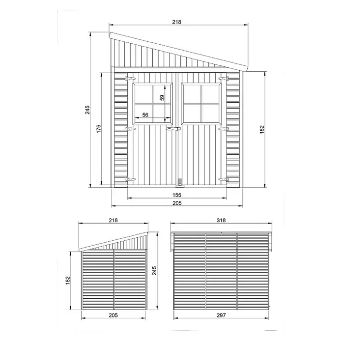 Timbela Gerätehaus M339A - Außenmaß inkl. Dachüberstand (B x T): 218 x 318 cm, Holz, Natur, Ohne Fußboden - Technische Zeichnung eines Gartenhauses mit Größenangaben, inklusive Front-, Seiten- und Draufsicht zur detaillierten Ansicht der Konstruktion.